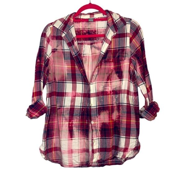 Upcycled Pink and Navy Distressed Bleach Splatter Plaid Button Down Shirt - Picture 1 of 6
